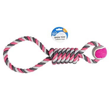 Tug toy knotted cotton pendulum & tennis ball grey/pink - Verpakkingsbeeld