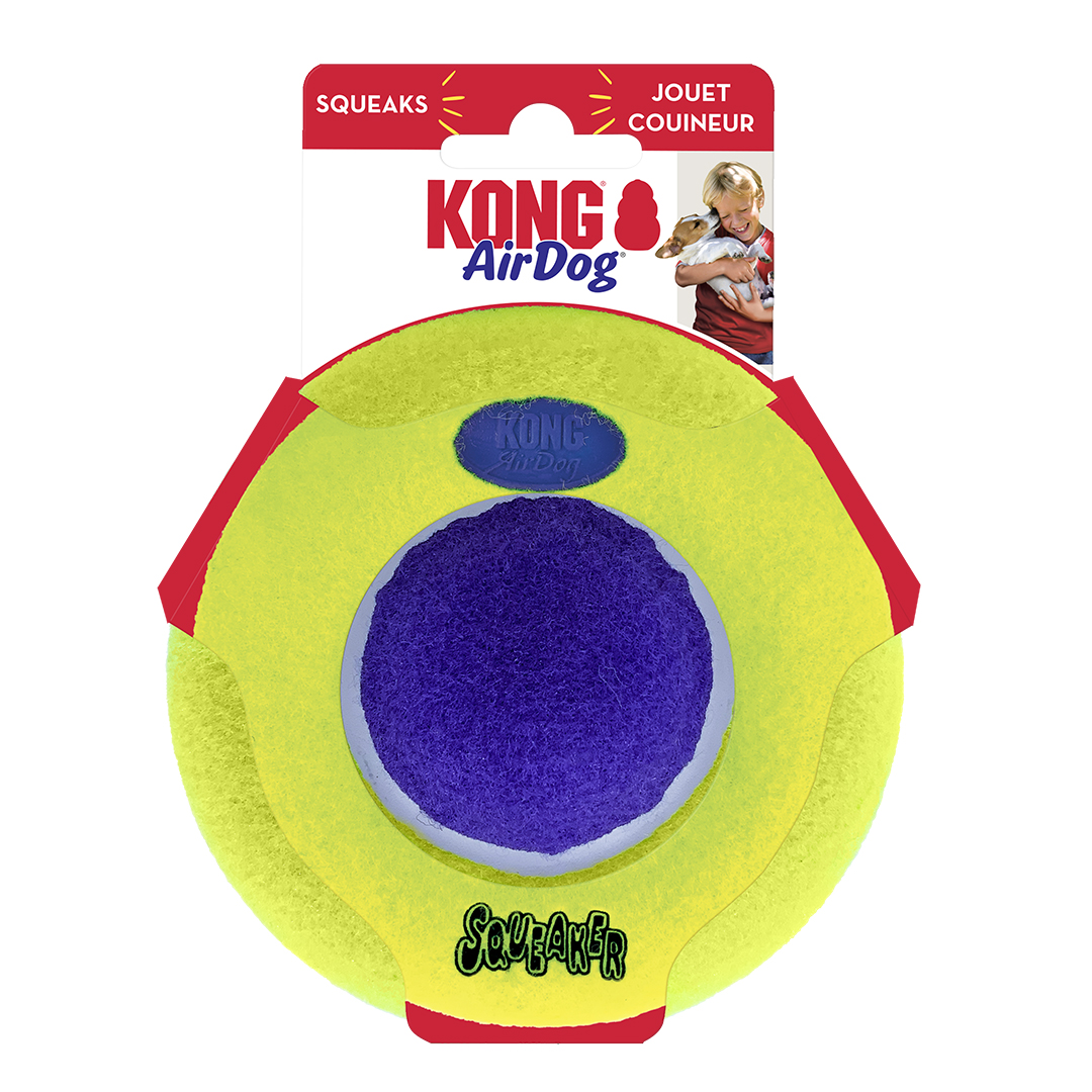 Kong airdog squeaker saucer geel/fuchsia - Product shot