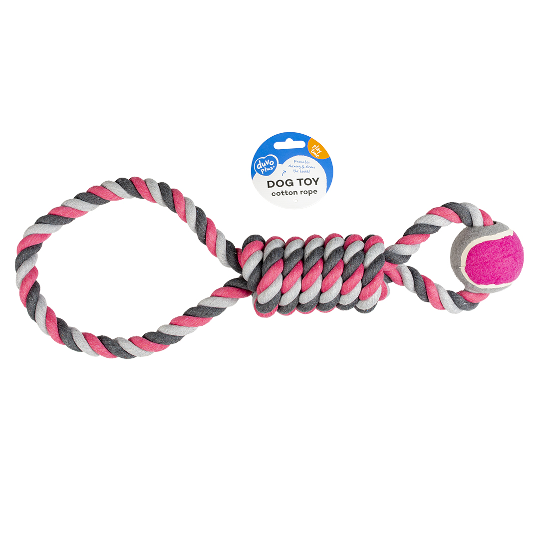 Tug toy knotted cotton pendulum & tennis ball grey/pink - Facing