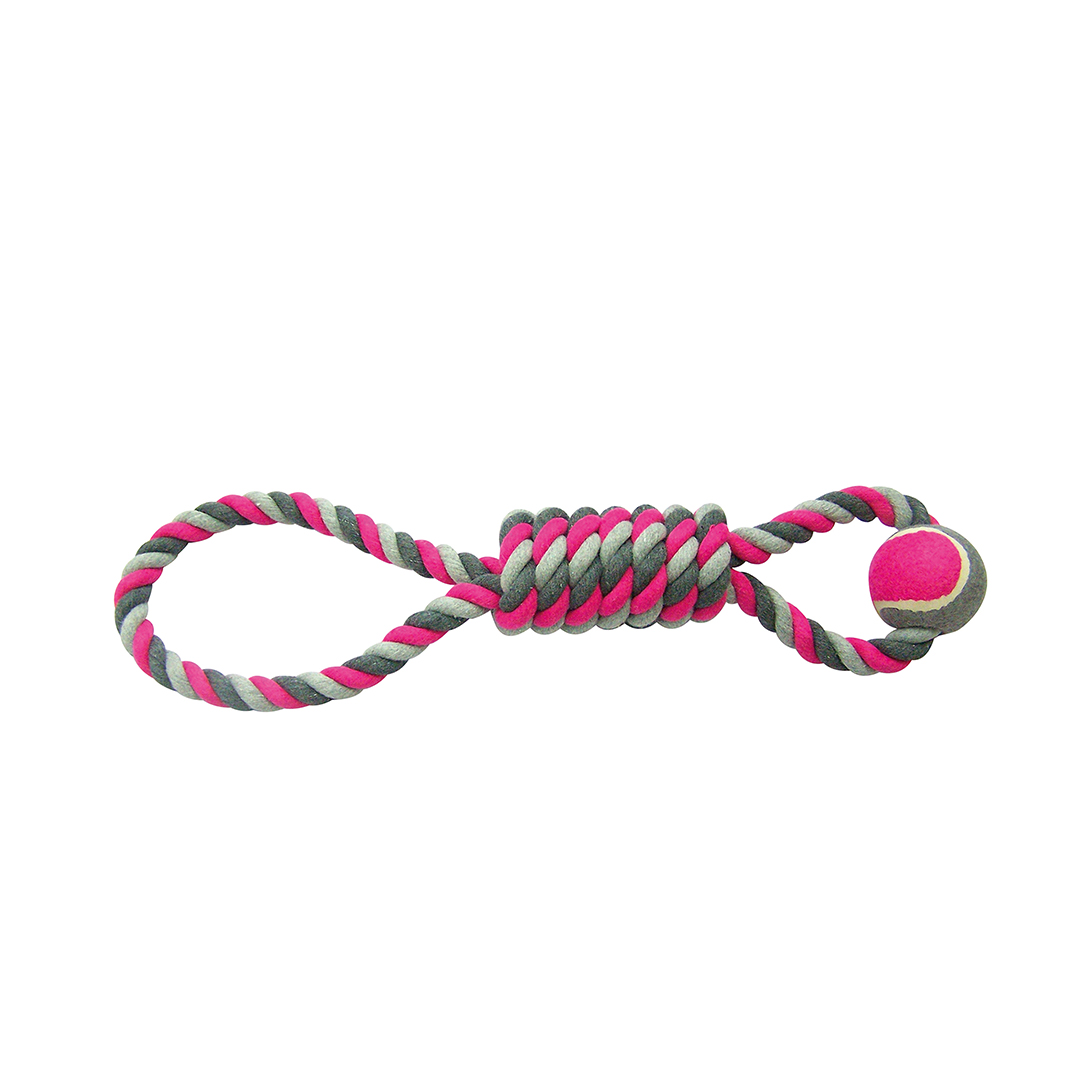 Tug toy knotted cotton pendulum & tennis ball grey/pink - Product shot