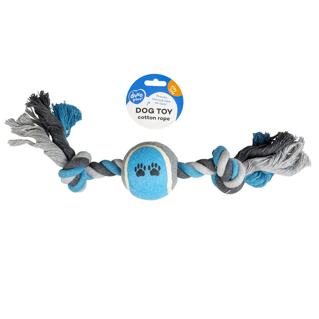 Tug toy knotted cotton & 2knots & tennis ball grey/blue - Facing