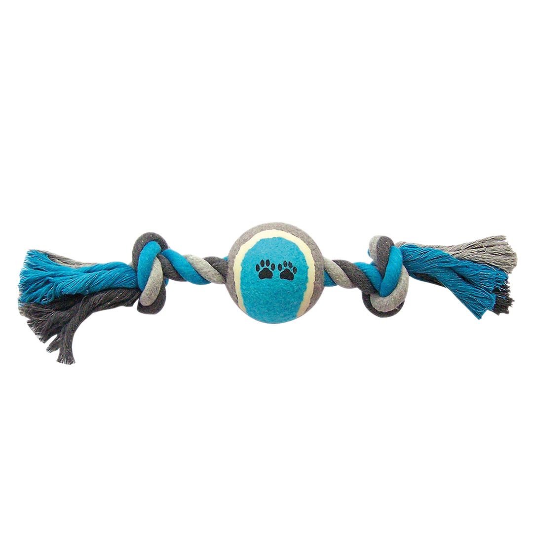 Tug toy knotted cotton & 2knots & tennis ball grey/blue - Product shot
