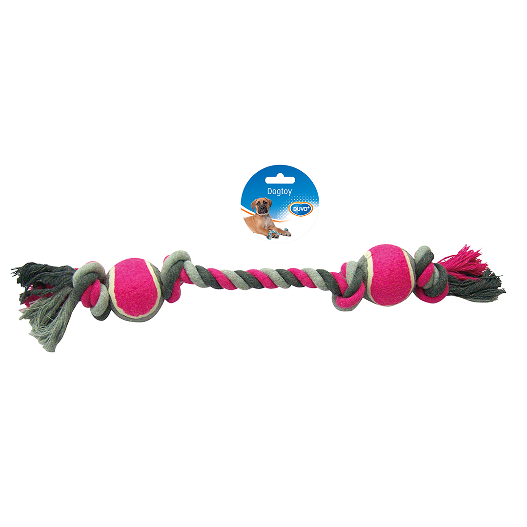 Knoop katoen met 4 knopen & 2 tennisballen grijs/roze - Product shot
