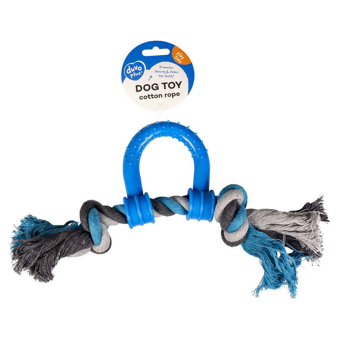 Tug Toy Knotted Cotton Pull Ring & Plastic grey/blue - Facing