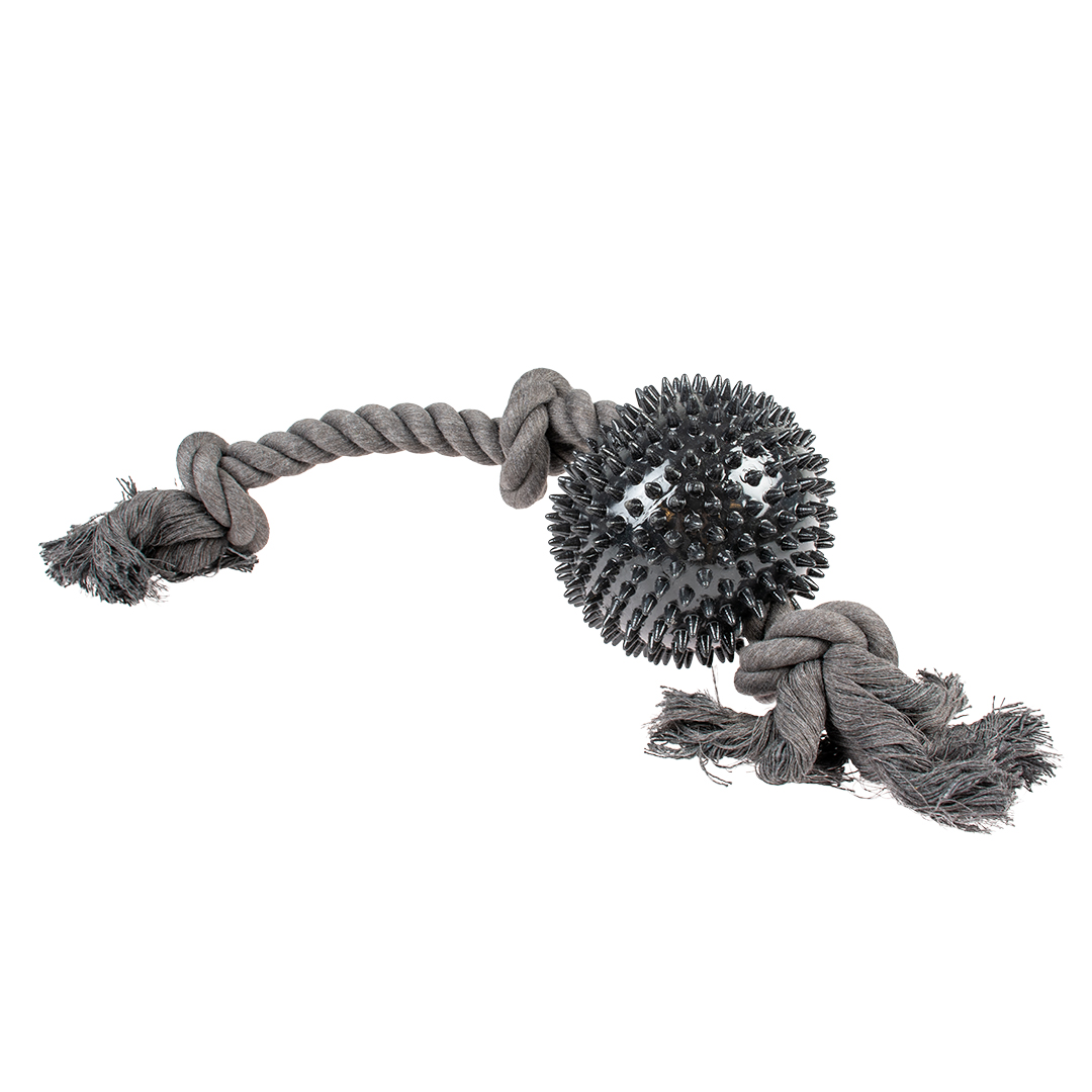 Eco touw 3 knopen & 11cm rubber bal zwart - Product shot