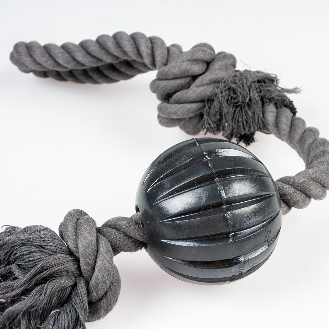 Eco touw 2 knopen, lus & rubber bal zwart - Detail 2