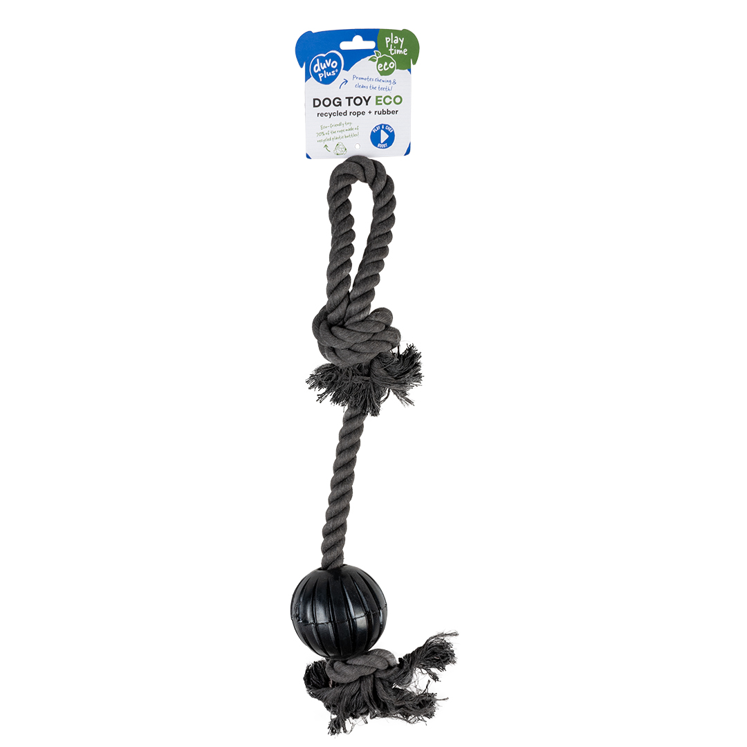 Eco touw 2 knopen, lus & rubber bal zwart - Verpakkingsbeeld