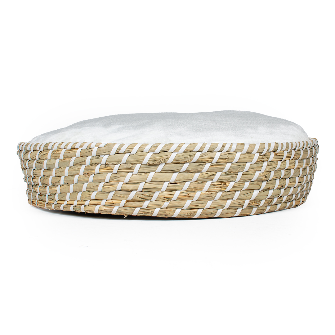 Boho wicker basket round & cushion beige/white - Facing