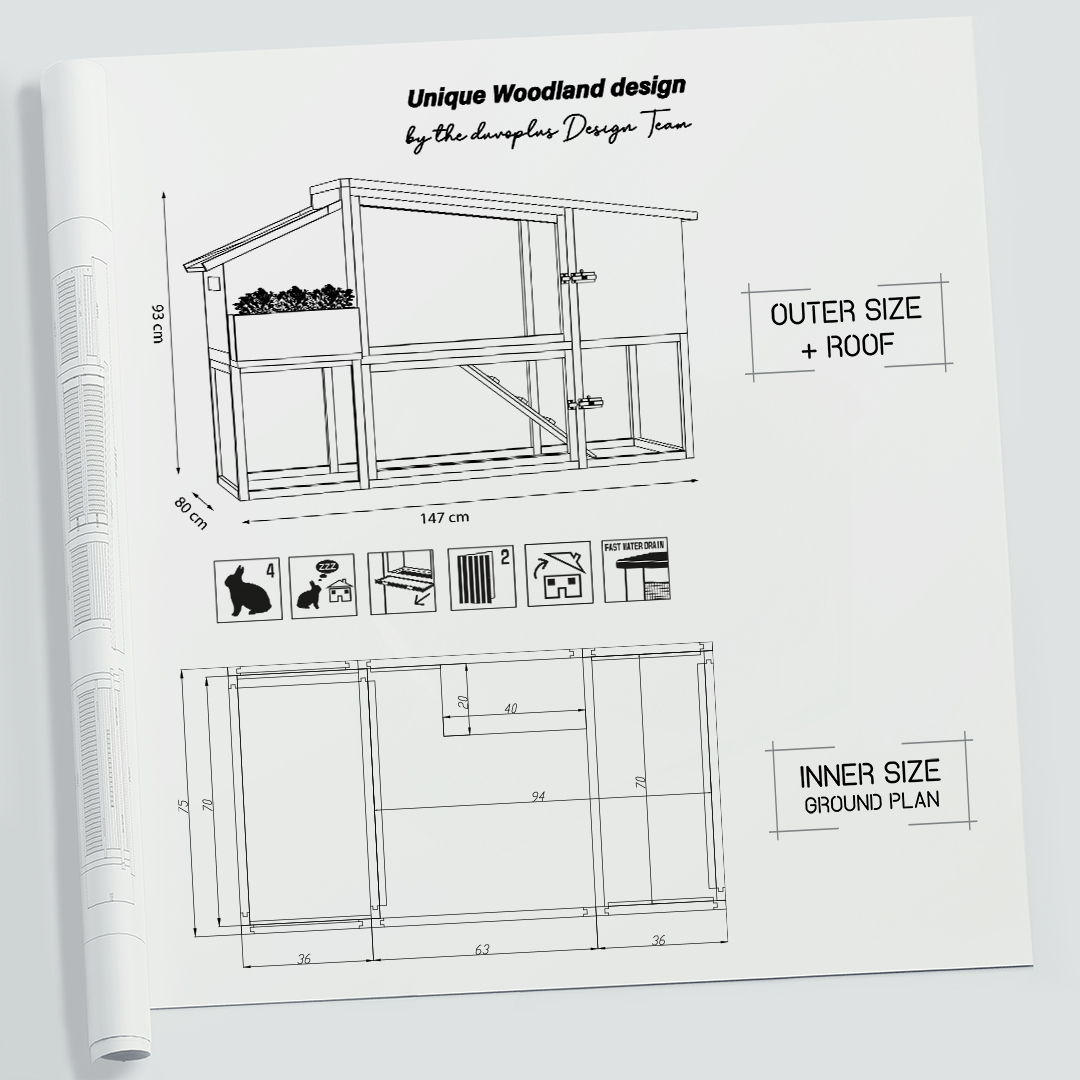 Woodland design konijnenhok Bunny Barn houtkleurig - Technische tekening