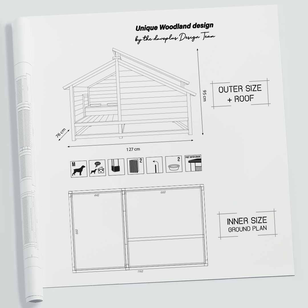 Woodland Design hondenhuis Barking Bungalow Houtkleurig - Technische tekening