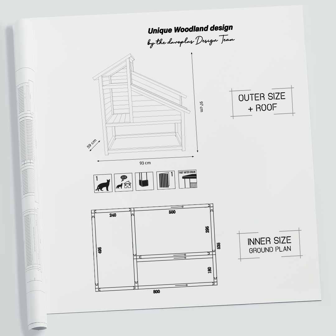 Woodland Design kattenhuis Meowing Mansion Houtkleurig - Technische tekening