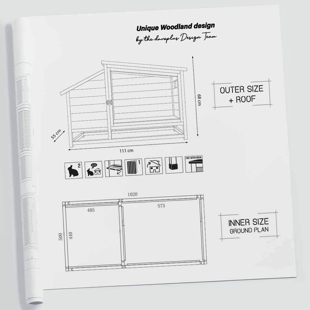 Woodland Design konijnenverblijf Bunny Barnet Houtkleurig - Technische tekening