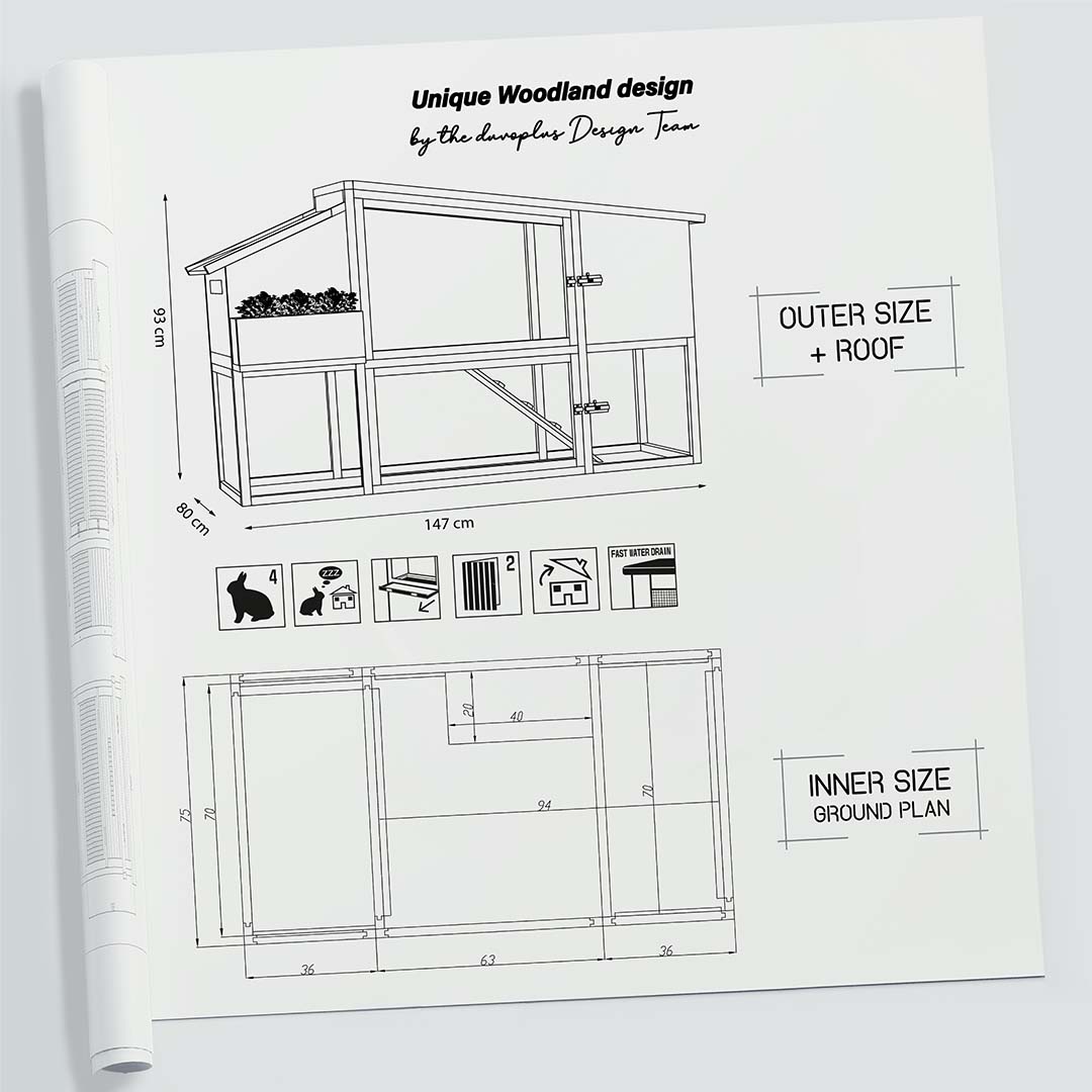 Woodland Design clapier Bunny Barn Couleur bois - Technische tekening
