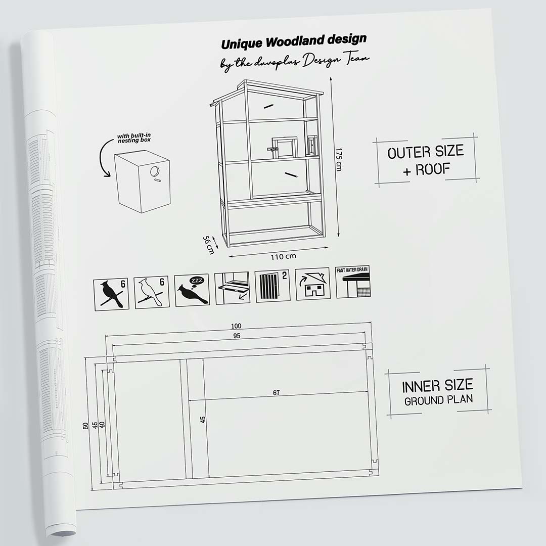 Woodland design volière Chirpy Court Houtkleurig - Technische tekening